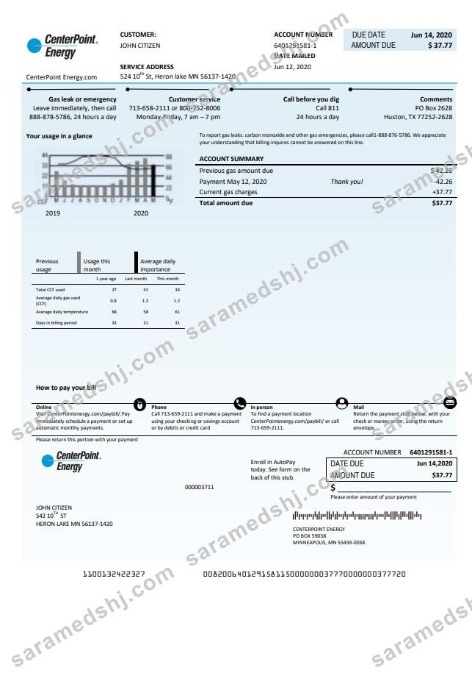 USA Texas Center Point Energy utility bill template in Word and PDF format